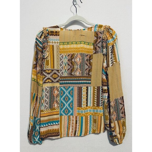 Savanna Jane Top Womens Small Patchwork V Neck Ruffle Western Boho Peasant - Picture 4 of 7